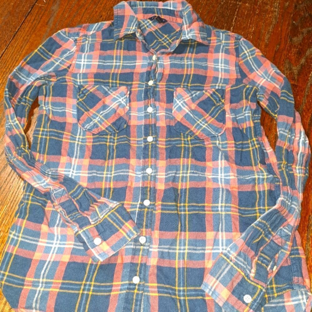 Small Aeropostale Long Sleeve Button Front Flannel Shirt Blue Pink Yellow White